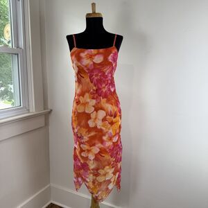 Y2K Floral Handkerchief Hem Slip Dress | Orange Pink Tropical Midi